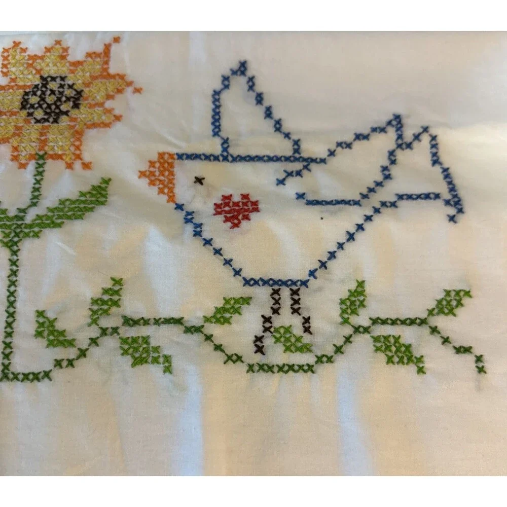 Hand Cross stitched Pillowcases Floral Bird Standard Sz Farmhouse Cottage
